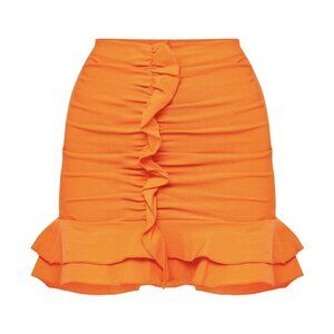 PrettyLittleThing Orange Woven Stretch Frill Ruched Front Mini Skirt Sz. 4 NEW